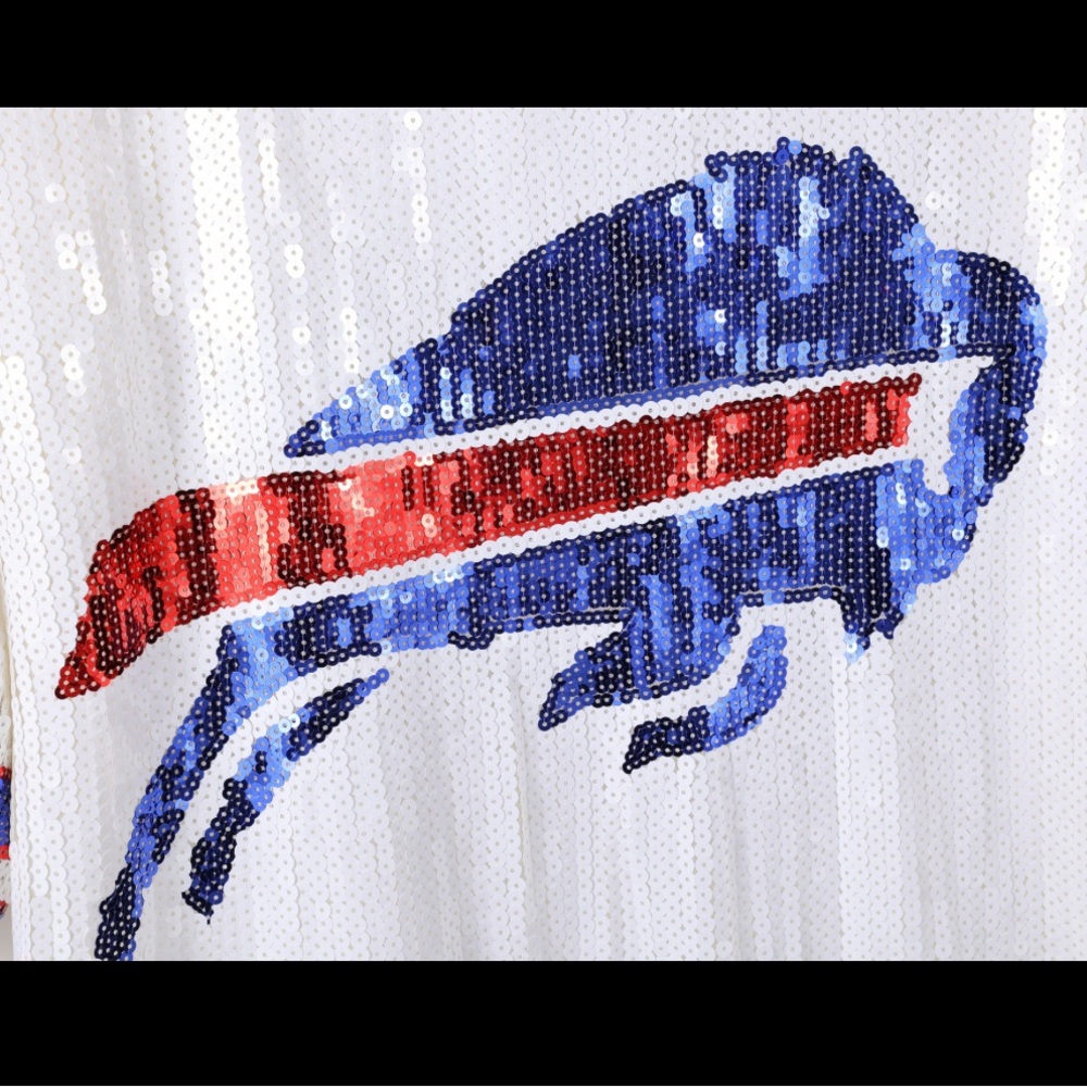 Sale‼️Buffalo Bills sequin dress. White Sequin T-Shirt with Blue and Red Buffalo - Picture 10 of 11